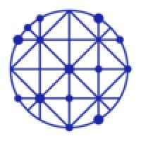 Abstract blue sphere with a grid pattern and blue dots at intersections, on a white background.