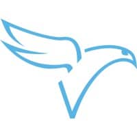 Stylized light blue bird logo in flight.