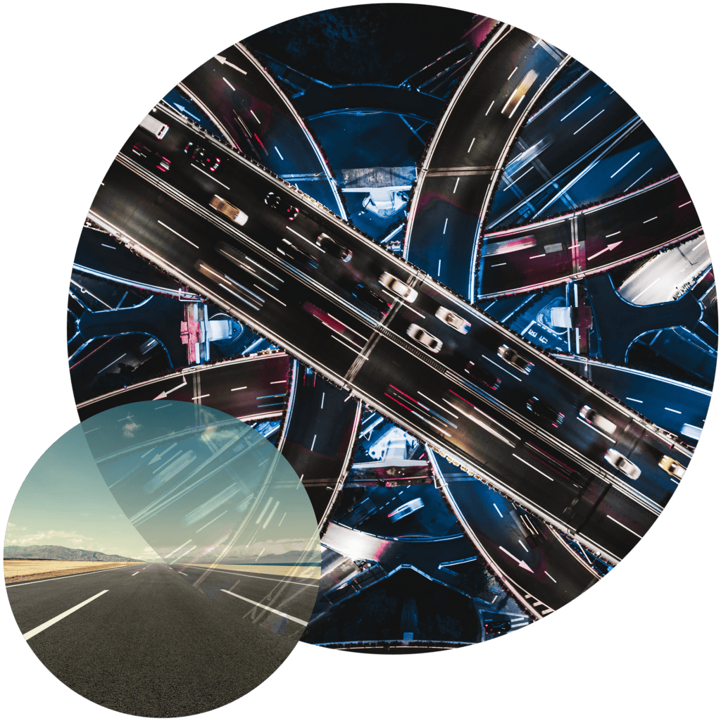A composite image with two circular views. The larger circle shows an aerial night view of a busy highway interchange with light streaks from cars. The smaller, overlapping circle shows an empty, straight road through a landscape with mountains under a daytime sky.