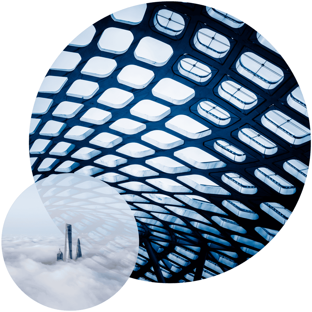 A composite image showing a dark blue architectural grid with light panels, and an inset circle with skyscrapers emerging from clouds.