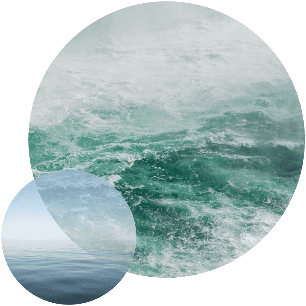 Two overlapping circles against a black background. The large upper circle shows turbulent, greenish-blue water with white foam. The smaller lower circle shows calm, light blue water under a clear sky.