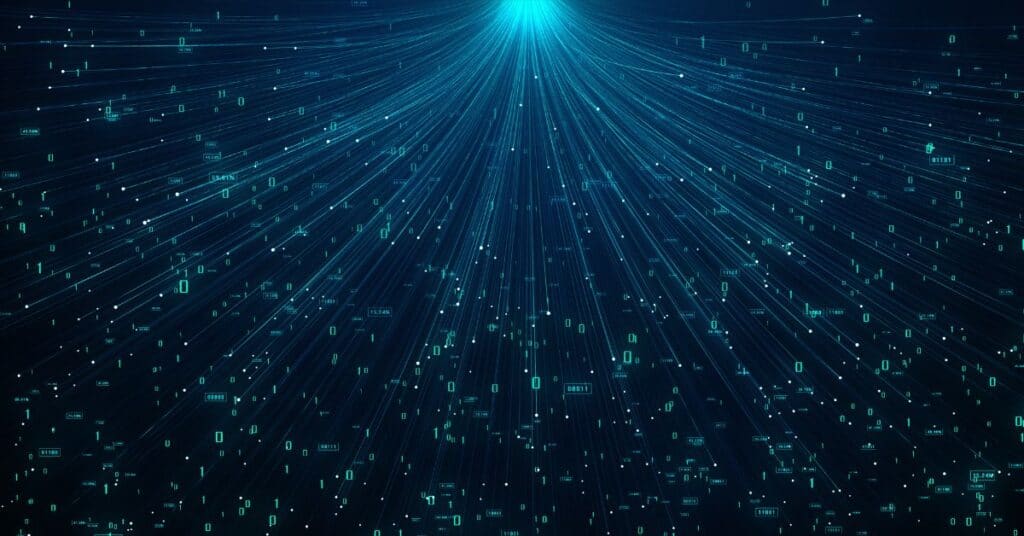 An abstract image of glowing blue lines converging towards a bright light, with binary digits and numerical data scattered across a dark blue background, representing digital information flow.