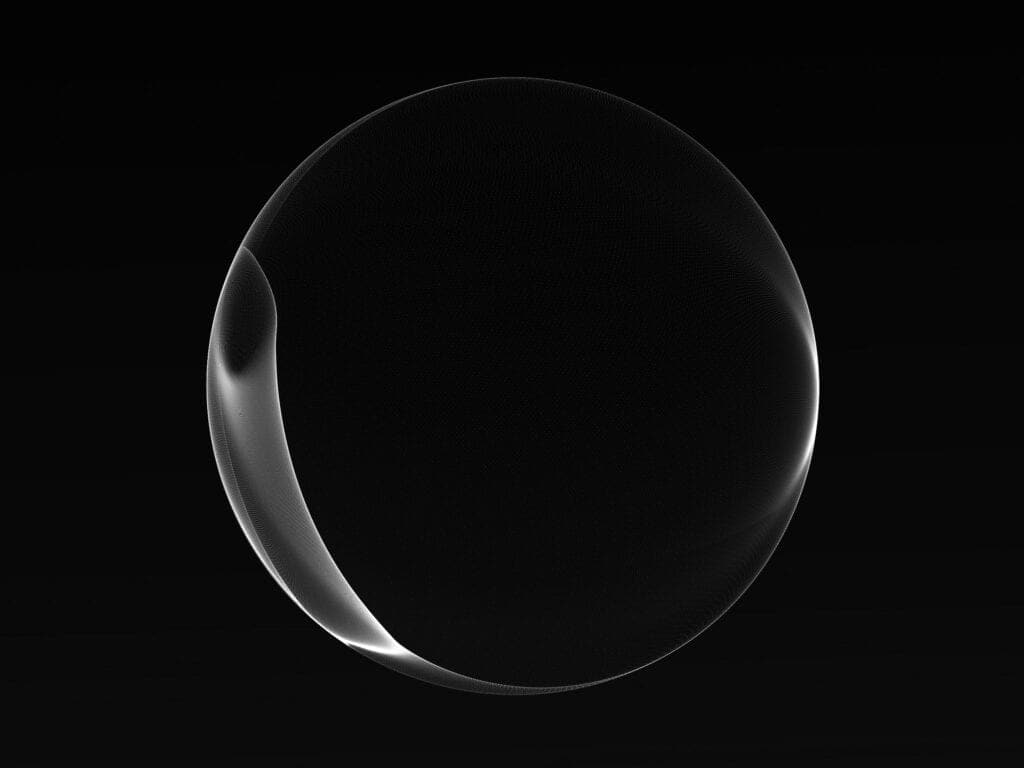Abstract wireframe sphere made of white dots with a bright, wavy light effect on its left side, against a black background.
