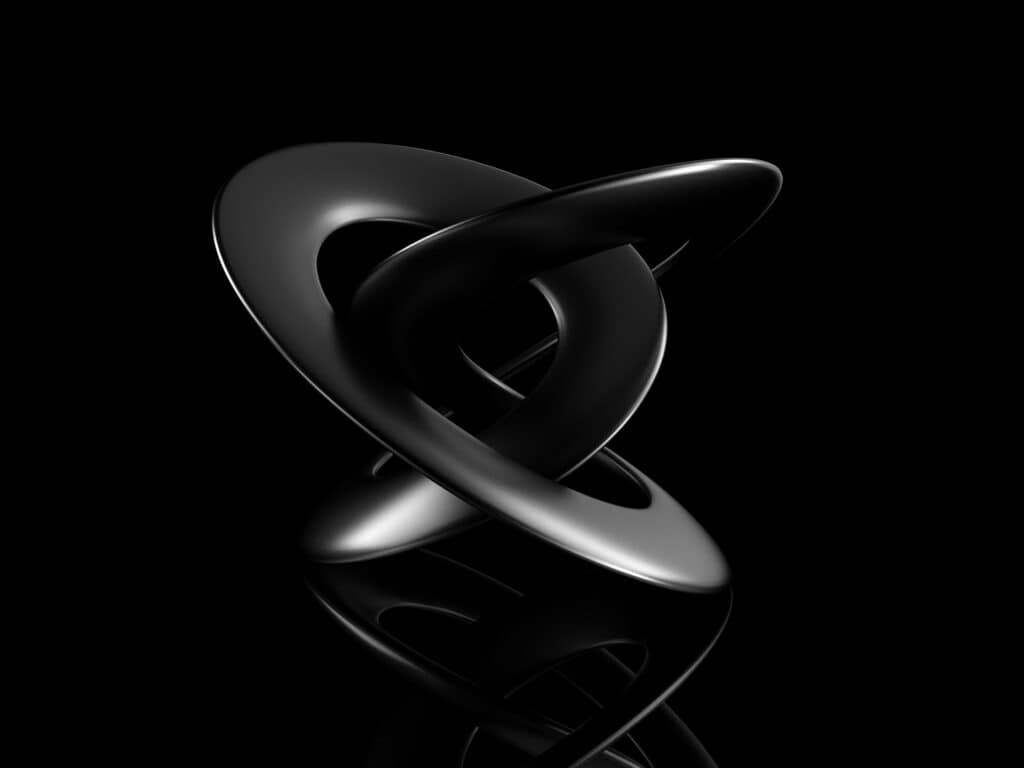 A 3D abstract sculpture of intertwined, smooth, dark metallic bands with reflective highlights, set against a black background with a reflection below.