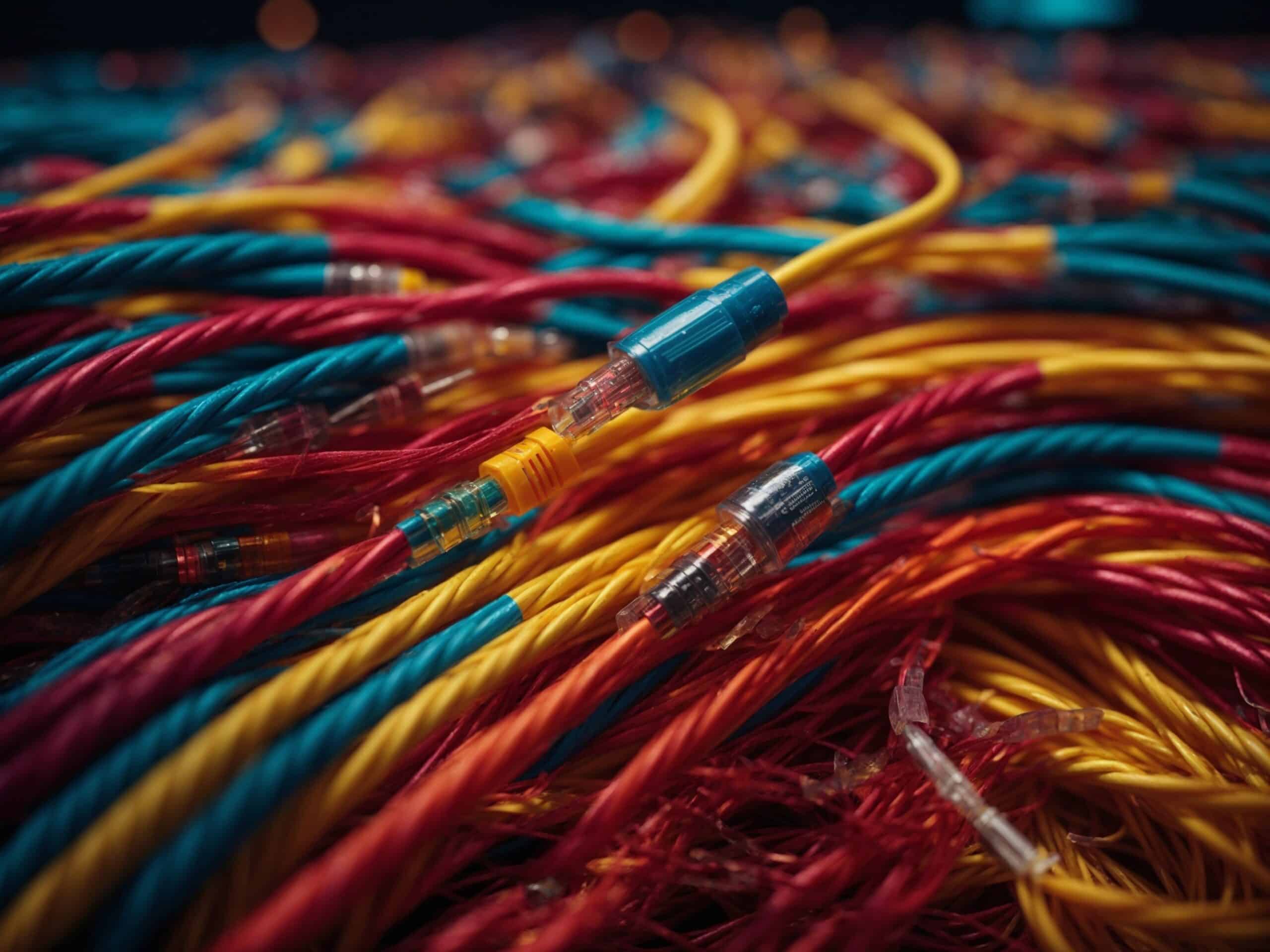 Close-up of red, yellow, and teal braided cables with clear plastic connectors.