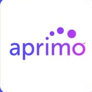 Aprimo logo with gradient text and four circles.
