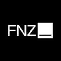 FNZ logo with white text and a white square containing a black line design on a black background.