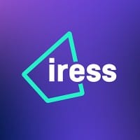 Iress logo with white text inside a teal geometric shape on a purple gradient background.
