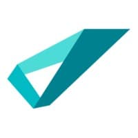 Geometric logo in teal and turquoise.