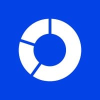 A white donut chart with three segments on a blue background.