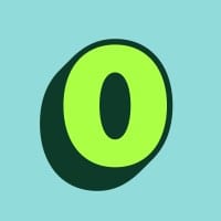 Stylized lime green letter O with a dark green shadow on a light blue background.