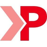 Logo with a light red chevron and a red letter P.