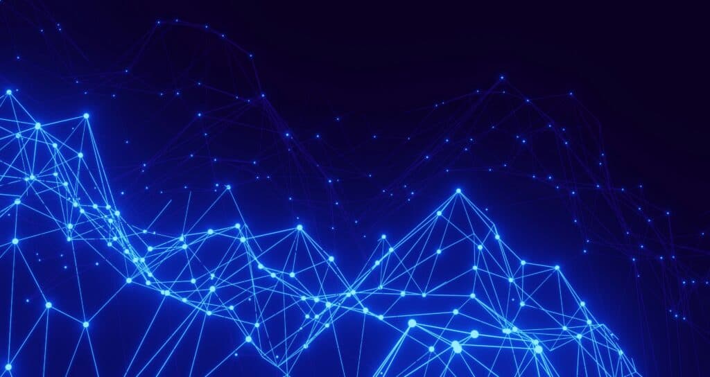 Abstract digital network with glowing blue nodes connected by bright blue lines on a dark blue background, forming a three-dimensional, undulating pattern.