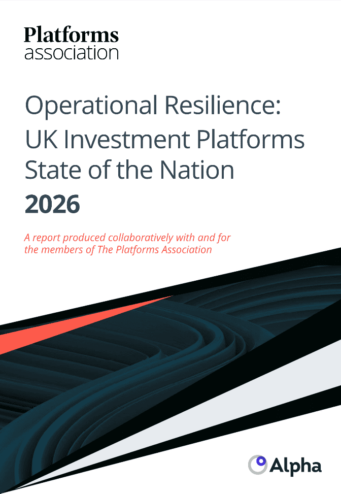 Cover page for the 'Operational Resilience: UK Investment Platforms State of the Nation 2026' report by The Platforms Association, featuring abstract blue and red graphic elements.